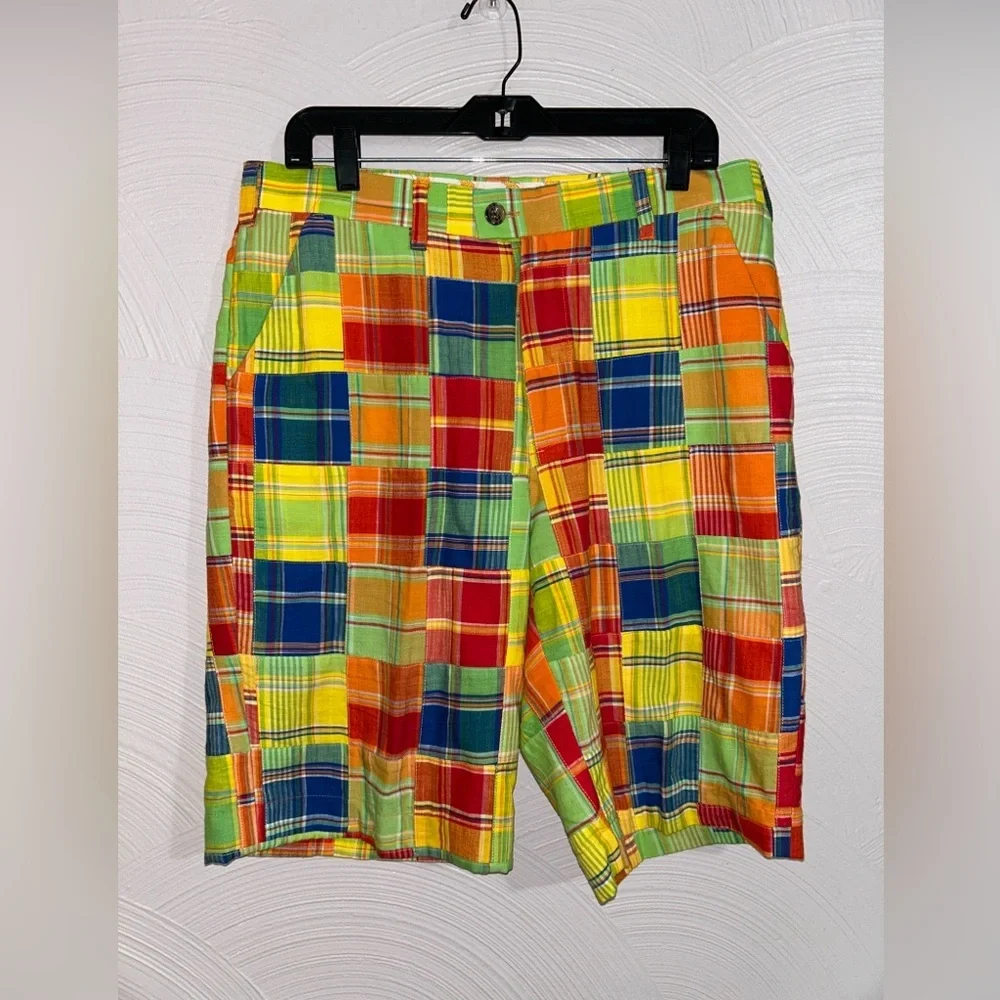 Loudmouth Shorts Golf Plaid Patchwork Mens Size 34 Multicolor Flat Front